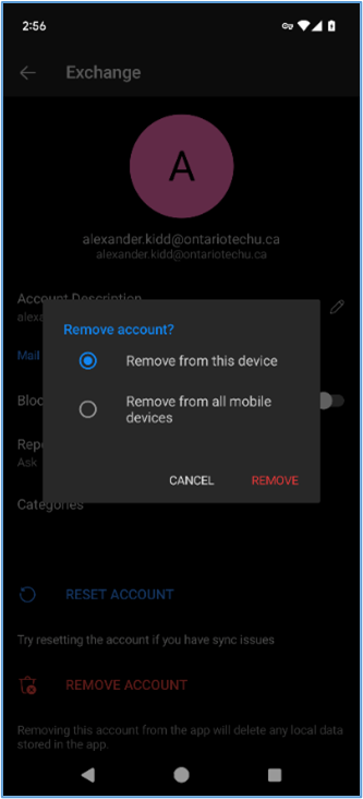 Remove account menu in Outlook.